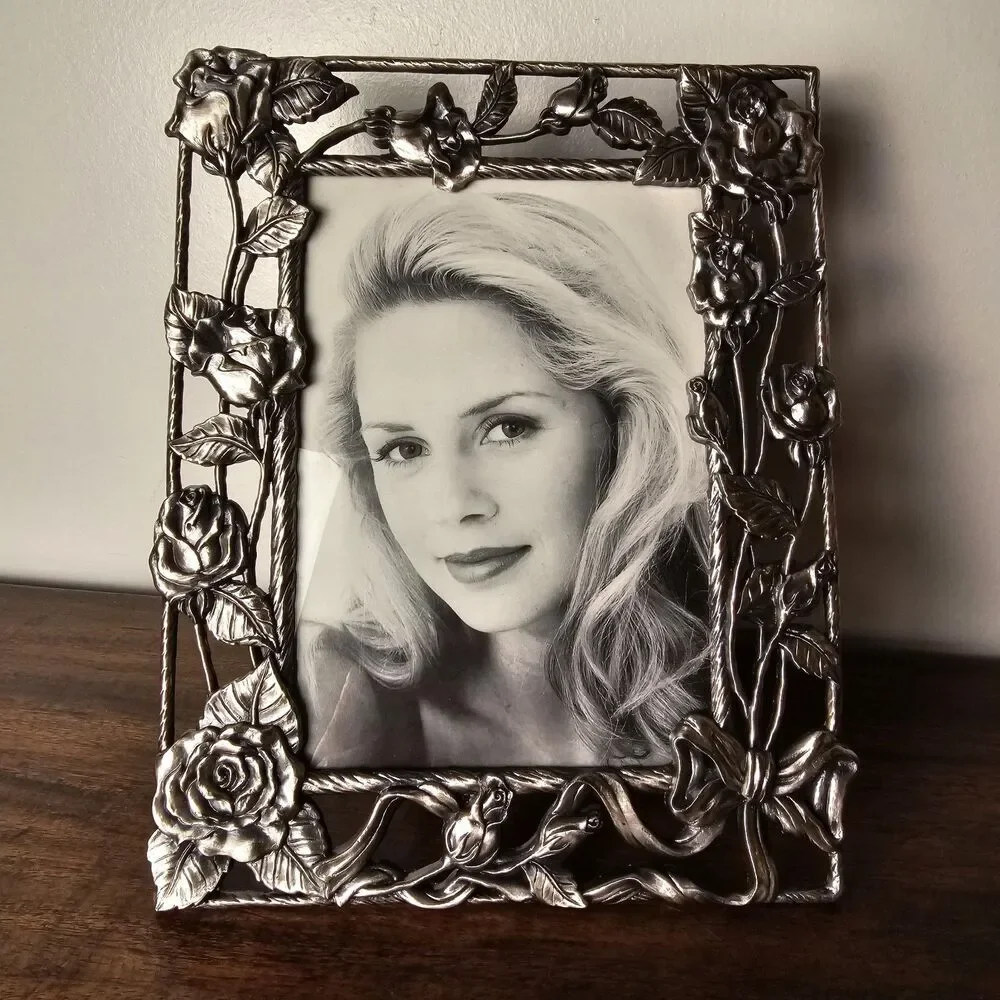 Vintage Ornate Pewter Rose, Bow & Vine Photo Frame with Bow Fits 5x7 Photo